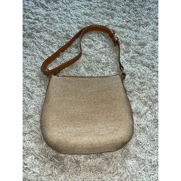 ERIC JAVIT Brown Beige Woven Straw Shoulder Crossbody Bag Leather Strap - Picture 3 of 12